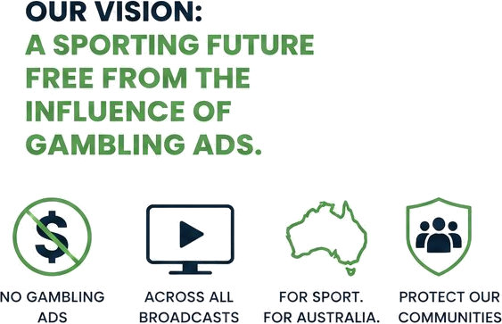 Our vision: A sporting future free from the influence of gambling ads. No gambling ads. Across all broadcasts. For sport. For Australia. Protect our communities.